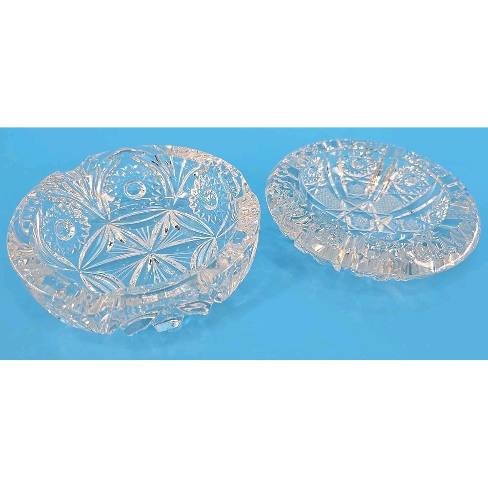 2 Very Nice Thick Heavy Cut Glass Sun Burst 1960s Cigarette / Cigar Ashtray Rare